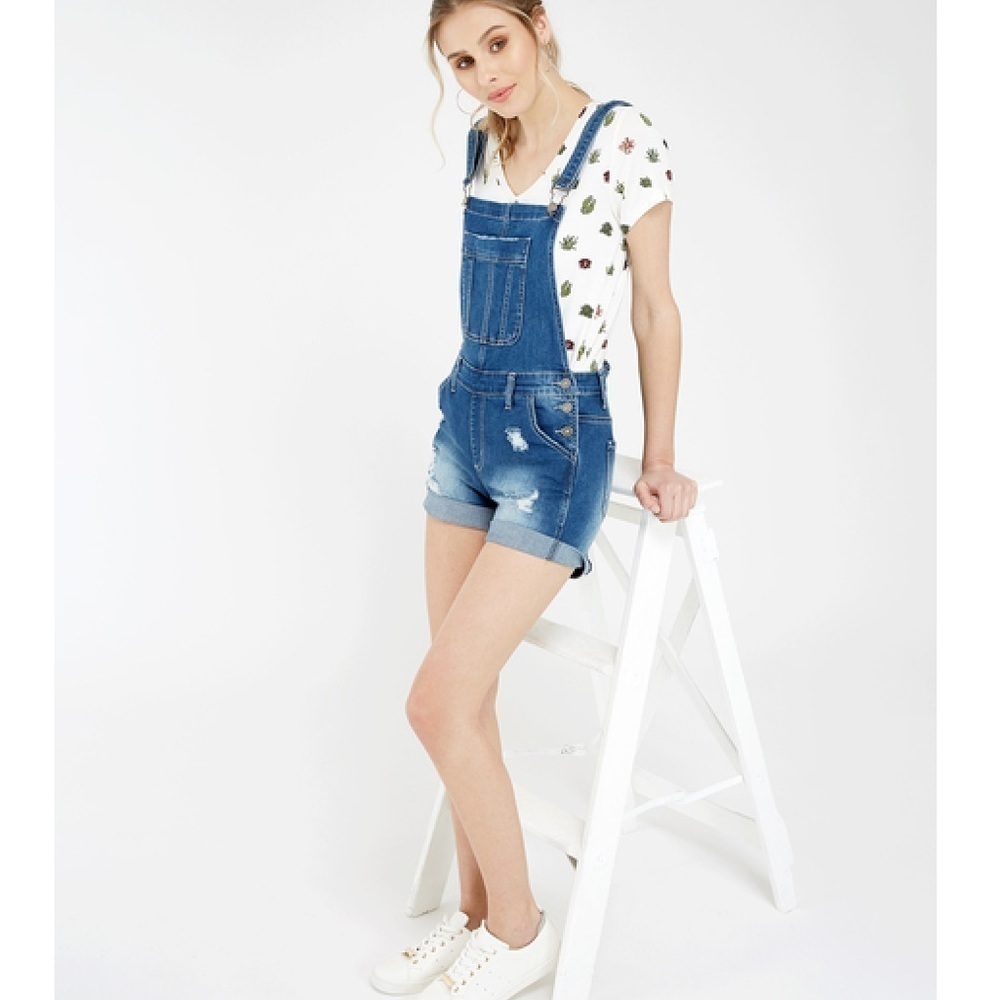 KANCAN Denim Overall Shorts Womans Large Shortall Distressed Mid Rise Streetwear
